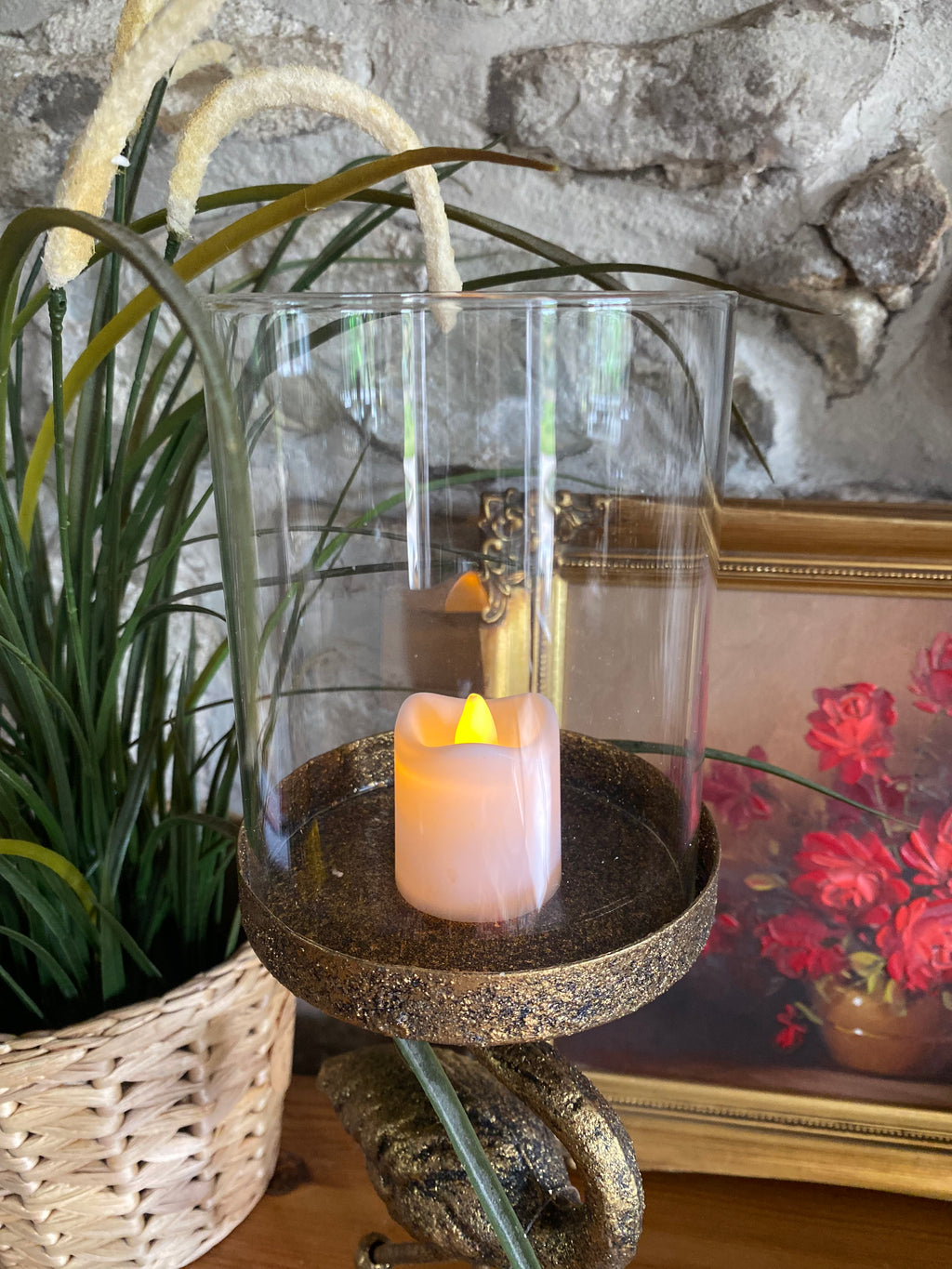 Antique Gold Flamingo Hurricane Candle Holder 34cm
