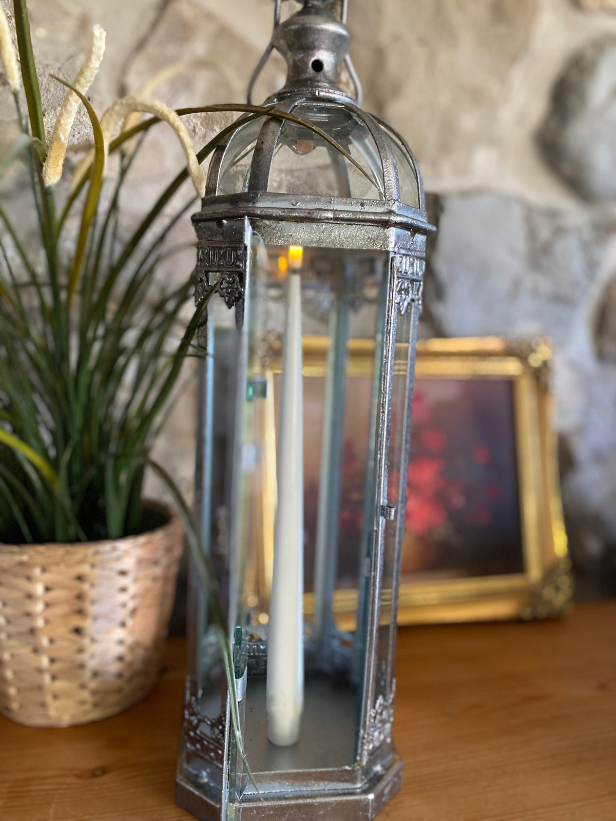 Antique Style Silver-Effect Tall Candle Lantern - 48cm
