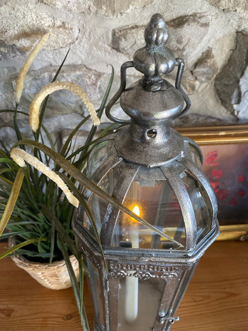 Antique Style Silver-Effect Tall Candle Lantern - 48cm